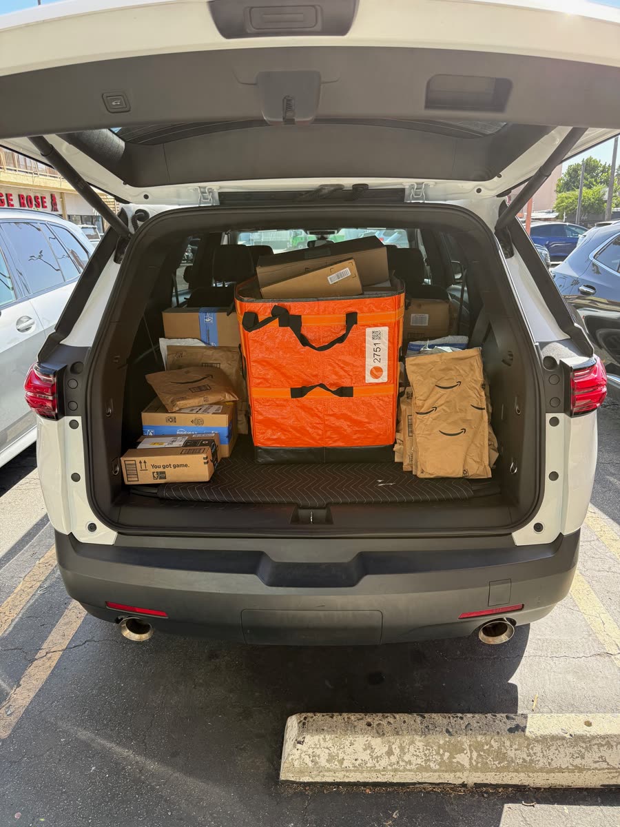 Delivery vehicle loaded with Amazon packages for a Los Angeles route
